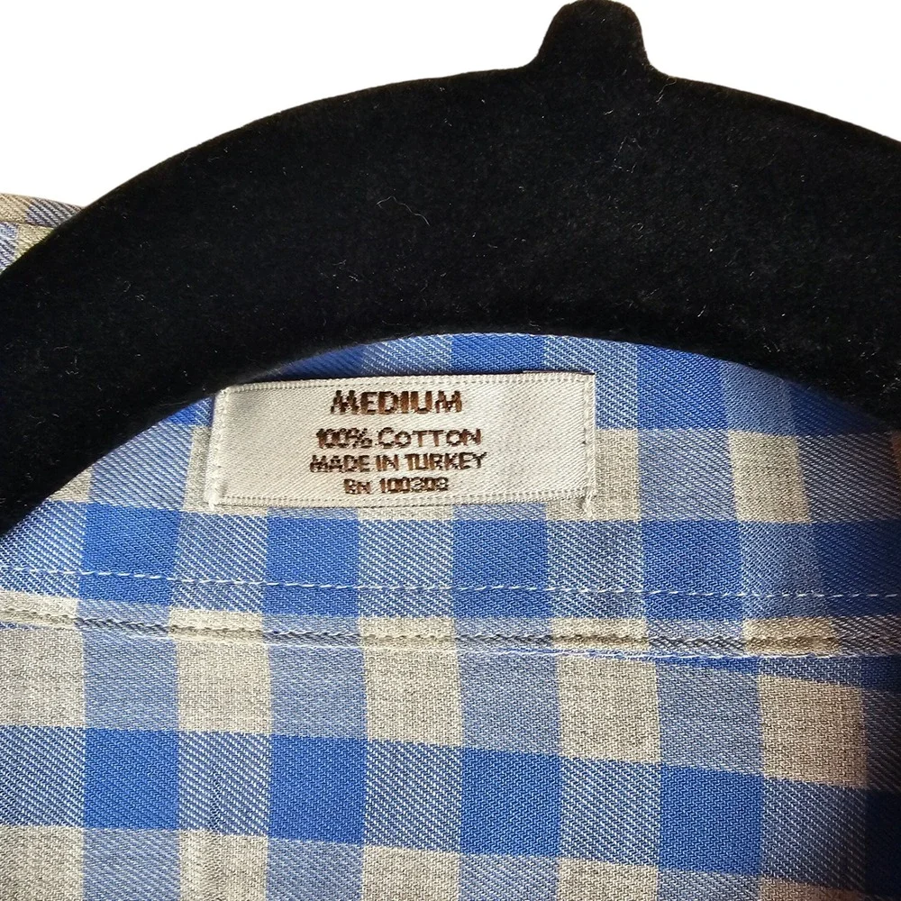 Peter Millar‎ Men's Medium Blue Tan Gingham Cotton Long Sleeve Button Down Shirt